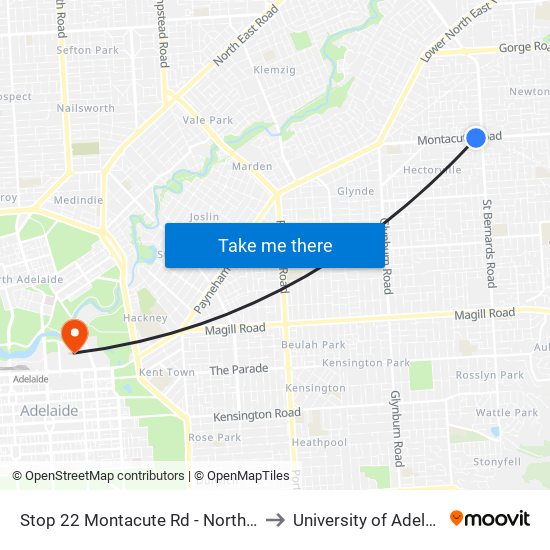 Stop 22 Montacute Rd - North side to University of Adelaide map