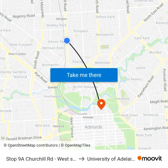 Stop 9A Churchill Rd - West side to University of Adelaide map
