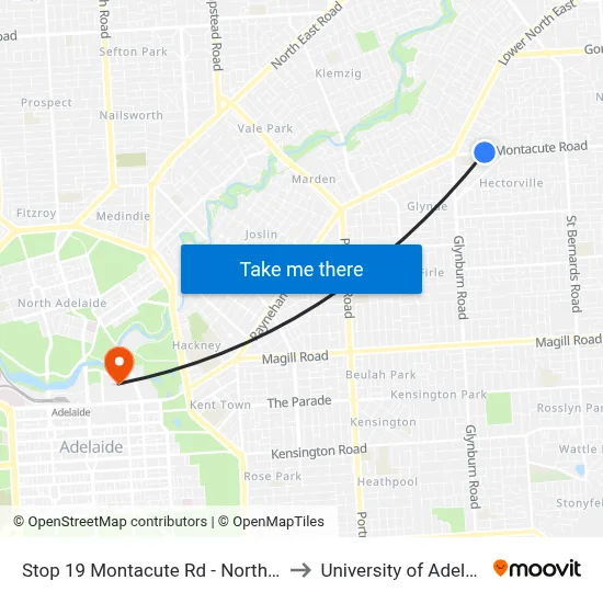 Stop 19 Montacute Rd - North side to University of Adelaide map