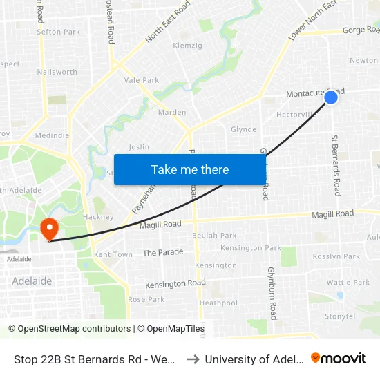 Stop 22B St Bernards Rd - West side to University of Adelaide map