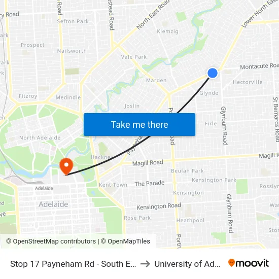 Stop 17 Payneham Rd - South East side to University of Adelaide map