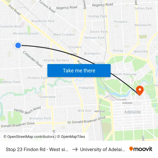 Stop 23 Findon Rd - West side to University of Adelaide map
