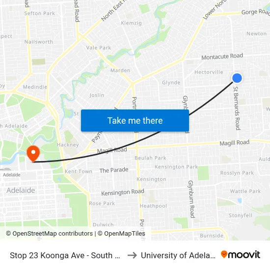 Stop 23 Koonga Ave - South side to University of Adelaide map