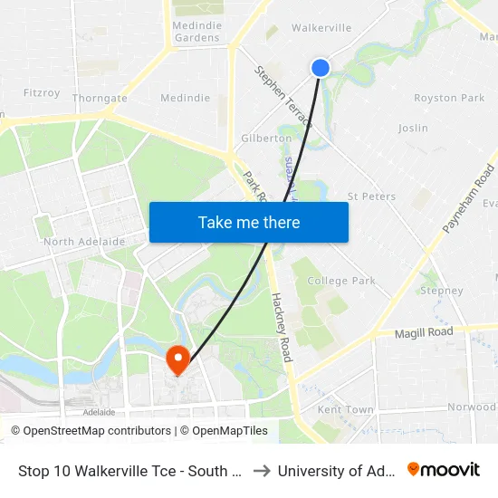 Stop 10 Walkerville Tce - South East side to University of Adelaide map