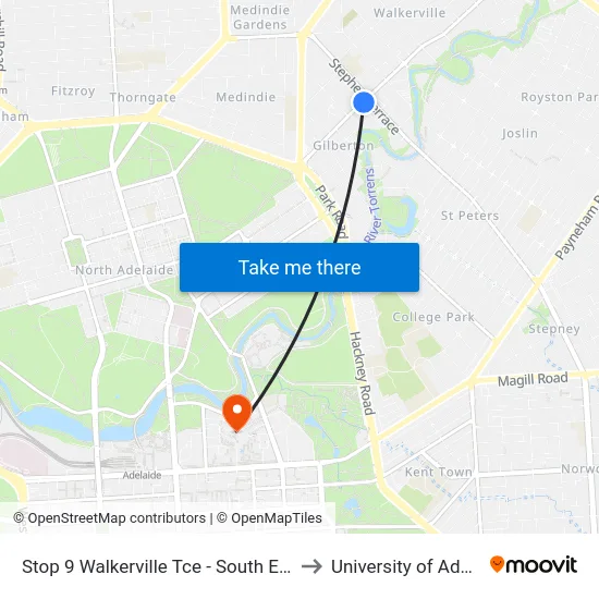 Stop 9 Walkerville Tce - South East side to University of Adelaide map