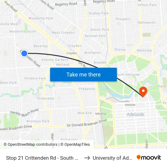 Stop 21 Crittenden Rd - South West side to University of Adelaide map