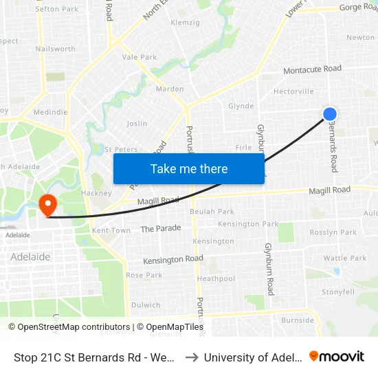 Stop 21C St Bernards Rd - West side to University of Adelaide map
