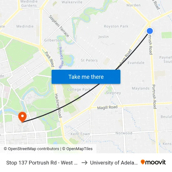 Stop 137 Portrush Rd - West side to University of Adelaide map