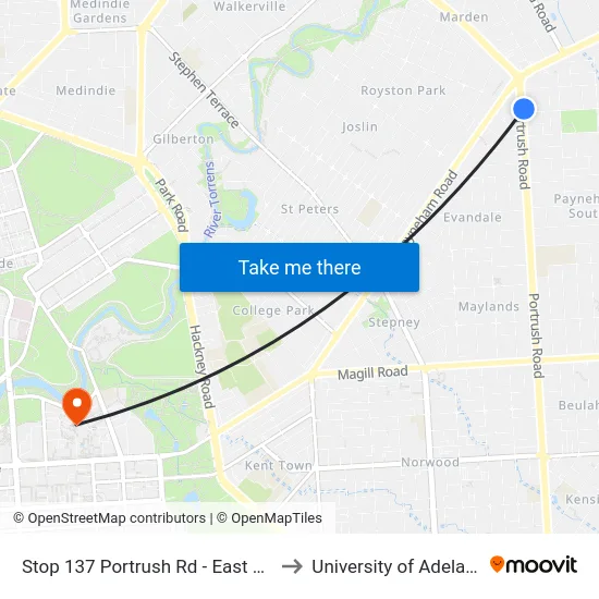 Stop 137 Portrush Rd - East side to University of Adelaide map