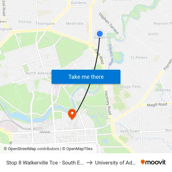 Stop 8 Walkerville Tce - South East side to University of Adelaide map