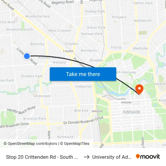 Stop 20 Crittenden Rd - South West side to University of Adelaide map