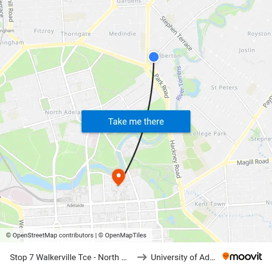Stop 7 Walkerville Tce - North West side to University of Adelaide map