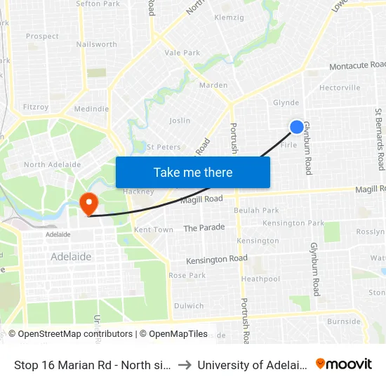Stop 16 Marian Rd - North side to University of Adelaide map