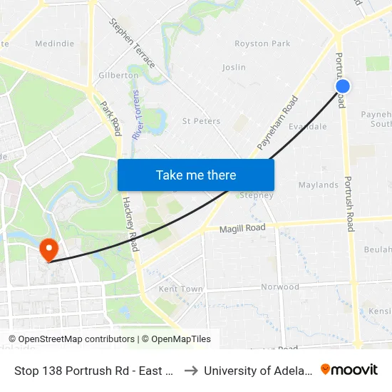 Stop 138 Portrush Rd - East side to University of Adelaide map