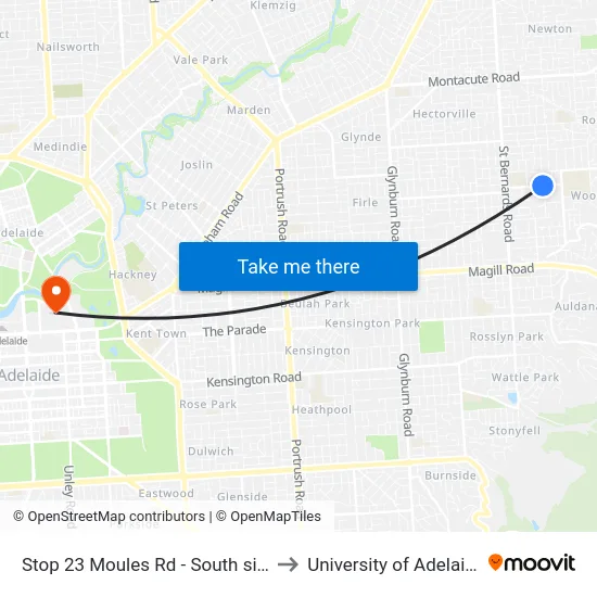 Stop 23 Moules Rd - South side to University of Adelaide map