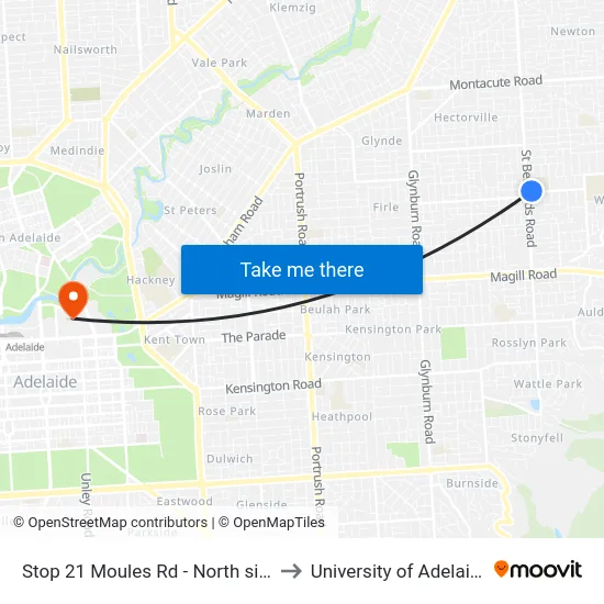 Stop 21 Moules Rd - North side to University of Adelaide map