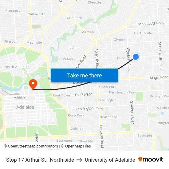 Stop 17 Arthur St - North side to University of Adelaide map