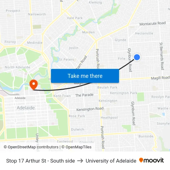 Stop 17 Arthur St - South side to University of Adelaide map
