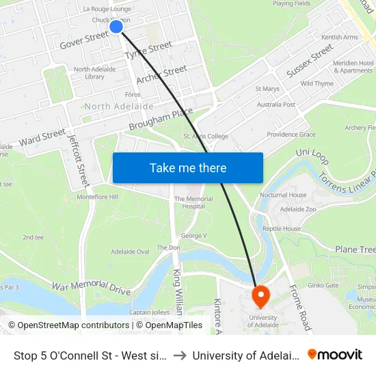 Stop 5 O'Connell St - West side to University of Adelaide map
