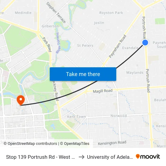 Stop 139 Portrush Rd - West side to University of Adelaide map