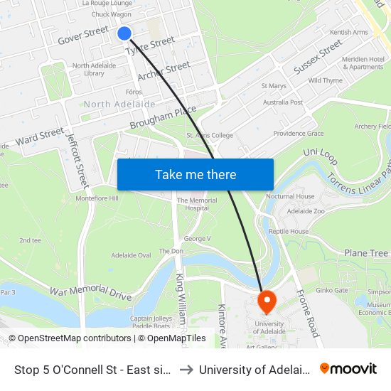 Stop 5 O'Connell St - East side to University of Adelaide map