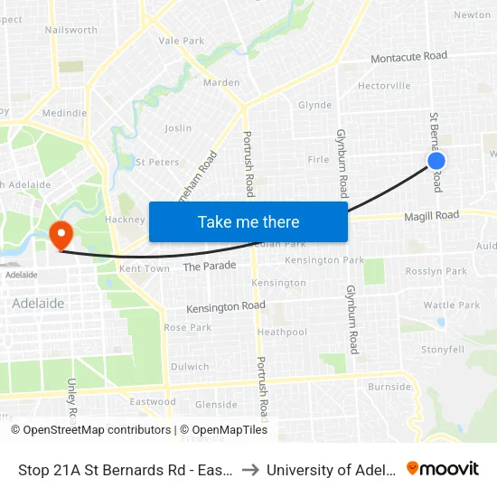 Stop 21A St Bernards Rd - East side to University of Adelaide map