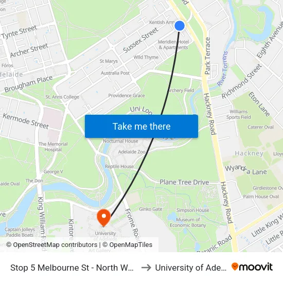Stop 5 Melbourne St - North West side to University of Adelaide map