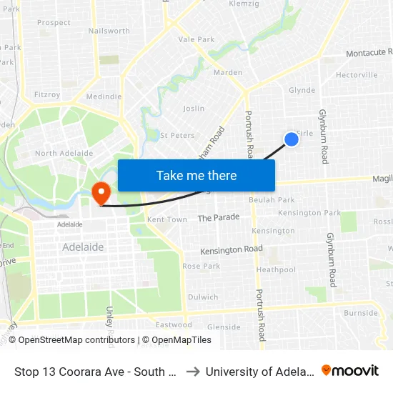 Stop 13 Coorara Ave - South side to University of Adelaide map