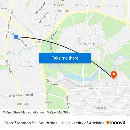 Stop 7 Manton St - South side to University of Adelaide map