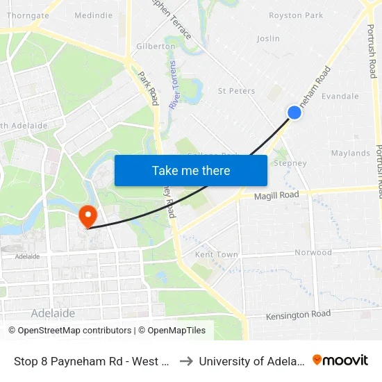 Stop 8 Payneham Rd - West side to University of Adelaide map
