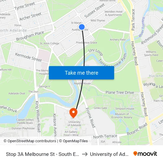Stop 3A Melbourne St - South East side to University of Adelaide map