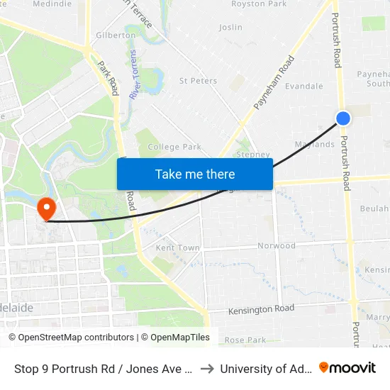Stop 9 Portrush Rd / Jones Ave - East side to University of Adelaide map