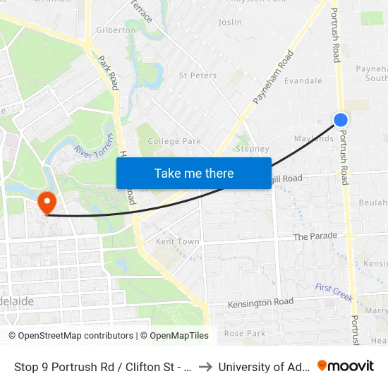 Stop 9 Portrush Rd / Clifton St - West side to University of Adelaide map