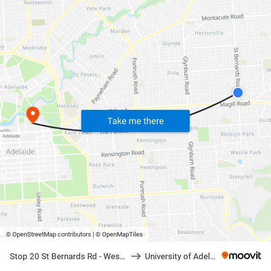 Stop 20 St Bernards Rd - West side to University of Adelaide map
