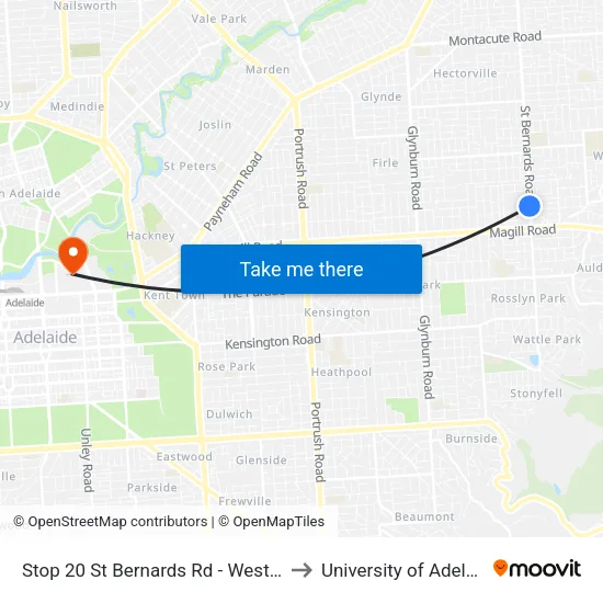 Stop 20 St Bernards Rd - West side to University of Adelaide map