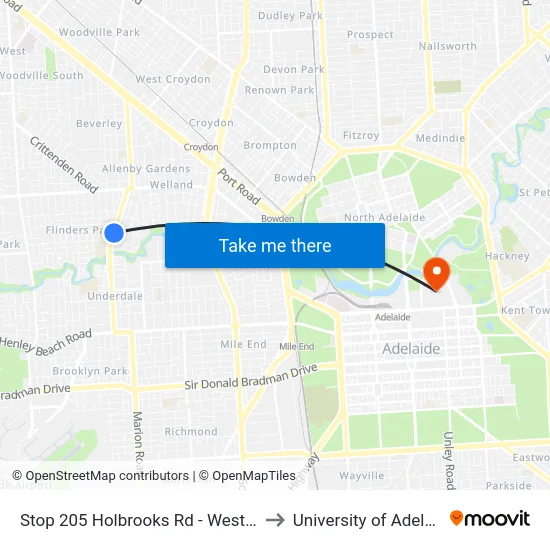 Stop 205 Holbrooks Rd - West side to University of Adelaide map