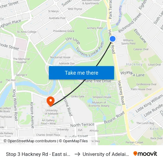 Stop 3 Hackney Rd - East side to University of Adelaide map