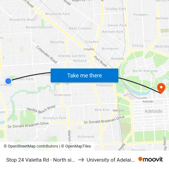 Stop 24 Valetta Rd - North side to University of Adelaide map