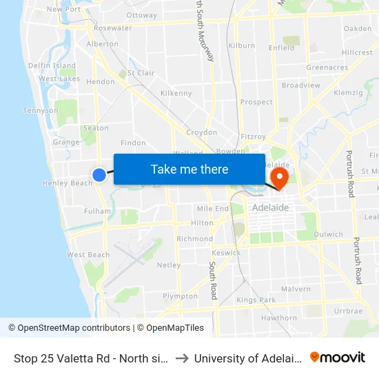Stop 25 Valetta Rd - North side to University of Adelaide map