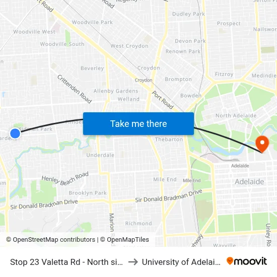 Stop 23 Valetta Rd - North side to University of Adelaide map