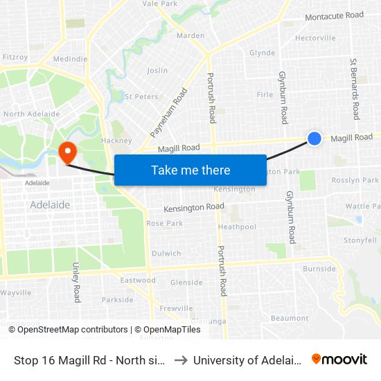 Stop 16 Magill Rd - North side to University of Adelaide map