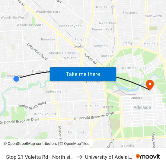 Stop 21 Valetta Rd - North side to University of Adelaide map