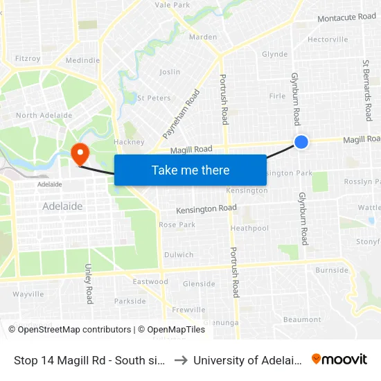 Stop 14 Magill Rd - South side to University of Adelaide map