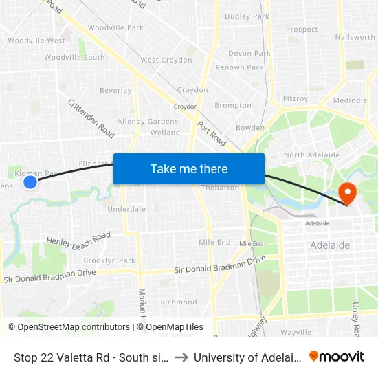 Stop 22 Valetta Rd - South side to University of Adelaide map