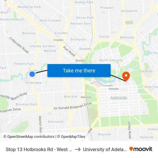 Stop 13 Holbrooks Rd - West side to University of Adelaide map