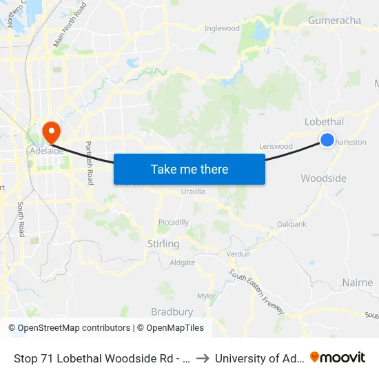 Stop 71 Lobethal Woodside Rd - North side to University of Adelaide map