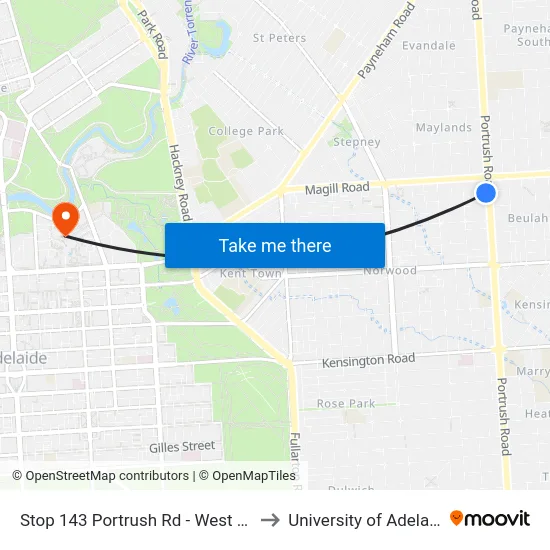 Stop 143 Portrush Rd - West side to University of Adelaide map