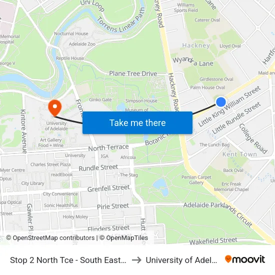Stop 2 North Tce - South East side to University of Adelaide map
