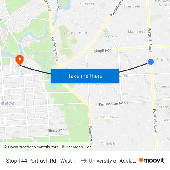 Stop 144 Portrush Rd - West side to University of Adelaide map
