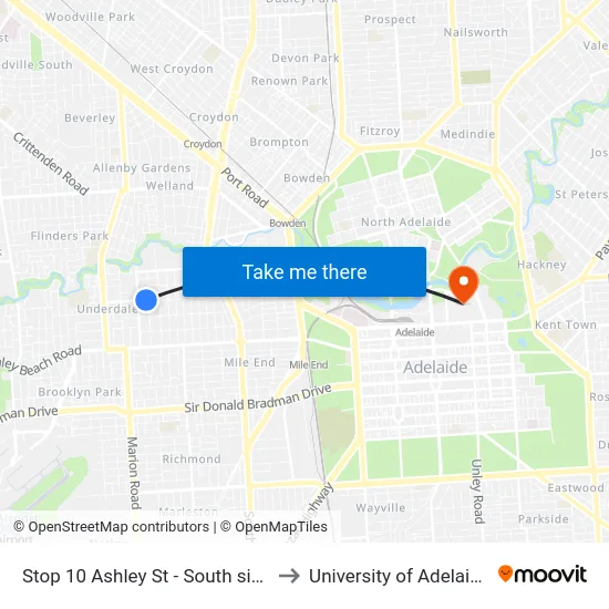 Stop 10 Ashley St - South side to University of Adelaide map